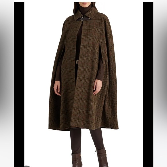 Ralph Lauren Purple Label 100% Wool Gun Check Loden Plaid Cape Poncho Coat Large - Picture 2 of 7